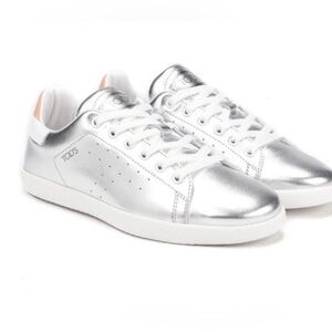 Tod’s Laminated Leather Metallic Silver Contrasting Heel Tab Sneakers Size 7.5